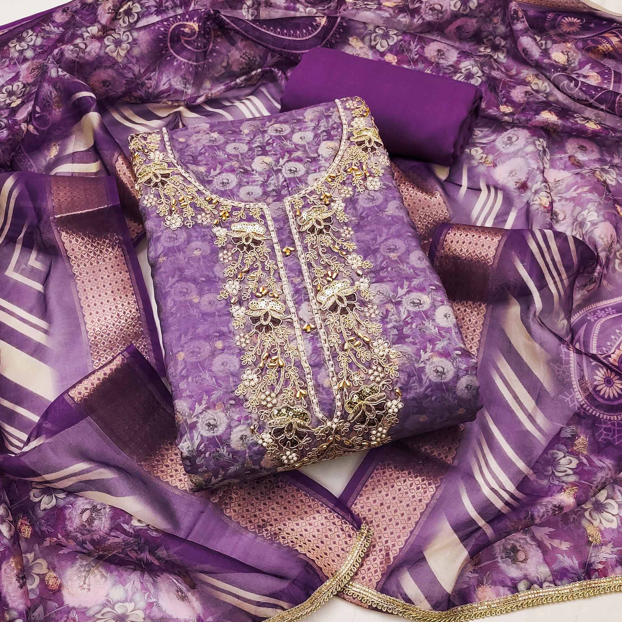 Purple Banarasi Cotton Blend Dress Material With Floral Digital Print & Elegant Moti Handwork