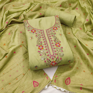Green Pure Cotton Dress Material Featuring Floral Sequins Cording Embroidery With Moti Handwork