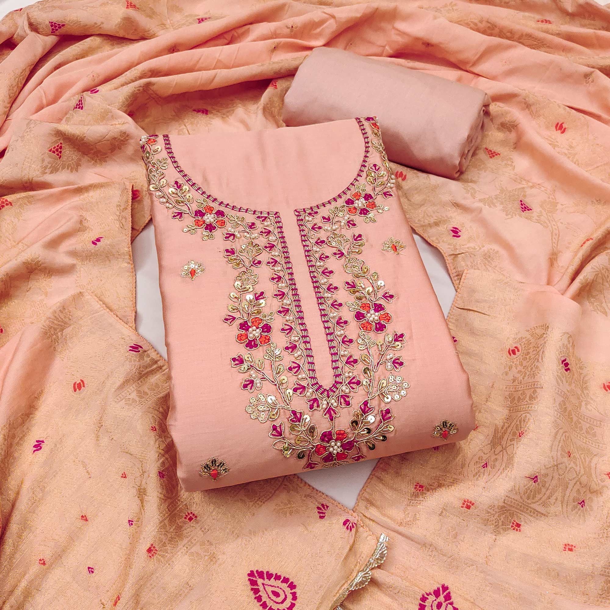 Peach Pure Cotton Dress Material Featuring Floral Sequins Cording Embroidery With Moti Handwork