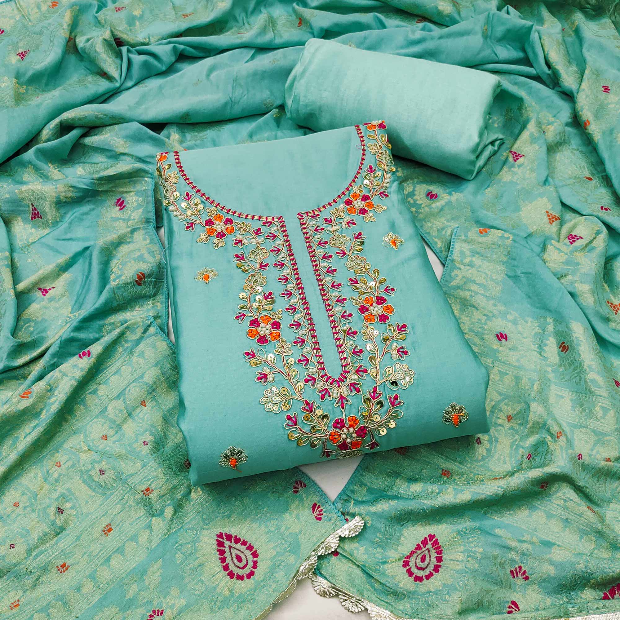 Turquoise Pure Cotton Dress Material Featuring Floral Sequins Cording Embroidery With Moti Handwork