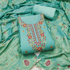 Turquoise Pure Cotton Dress Material Featuring Floral Sequins Cording Embroidery With Moti Handwork
