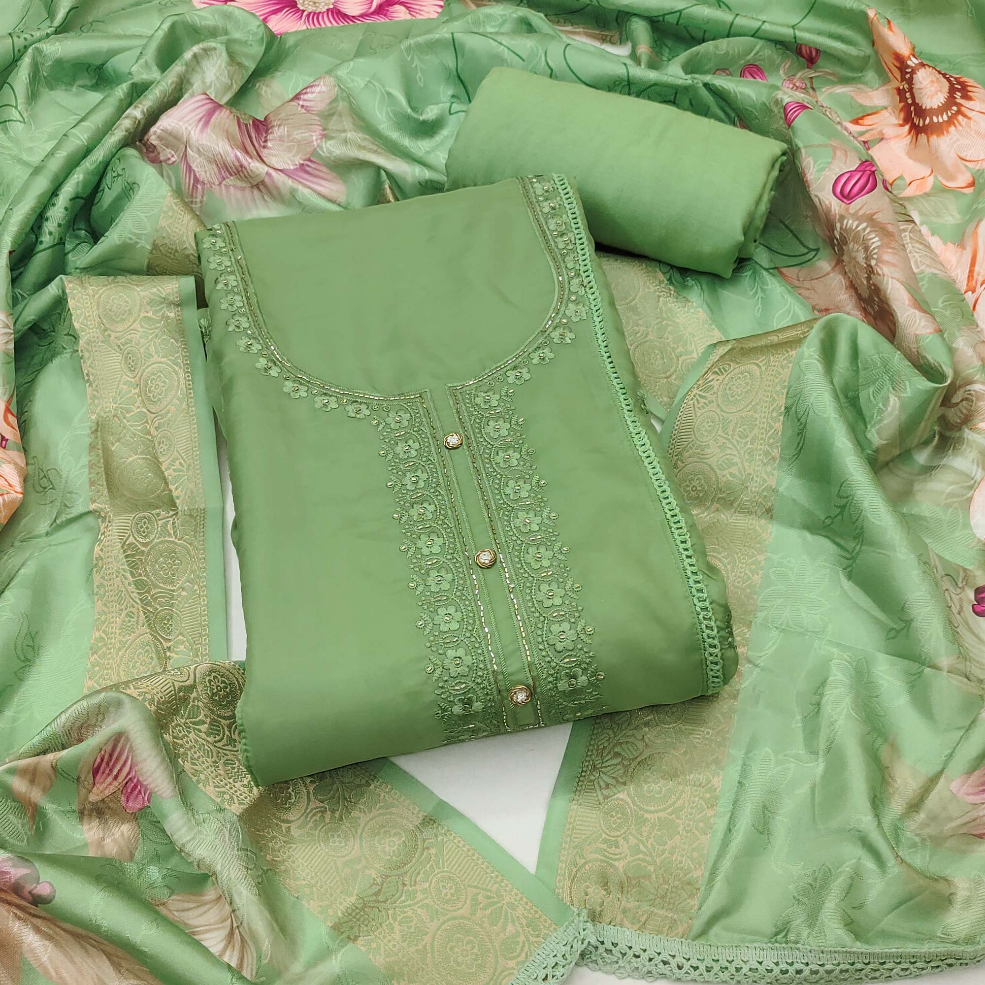 Green Organza Dress Material Adorned With Floral Thread Embroidery & Elegant Handwork