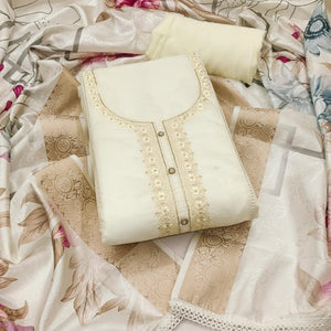 Offwhite Organza Dress Material Adorned With Floral Thread Embroidery & Elegant Handwork