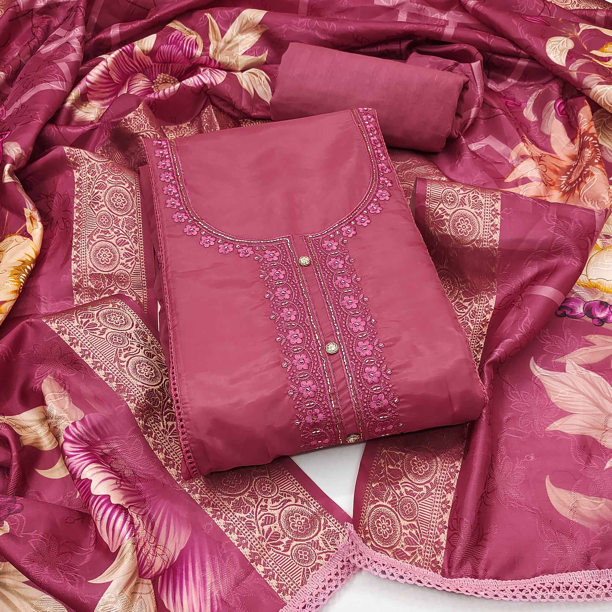Pink Organza Dress Material Adorned With Floral Thread Embroidery & Elegant Handwork