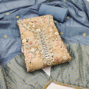 Chikoo Floral Digital Printed Cotton Blend Dress Material Embellished With Moti Hand Embroidery