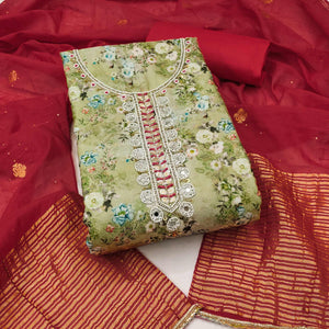 Green Floral Digital Printed Cotton Blend Dress Material Embellished With Moti Hand Embroidery