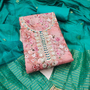 Light Pink Floral Digital Printed Cotton Blend Dress Material Embellished With Moti Hand Embroidery