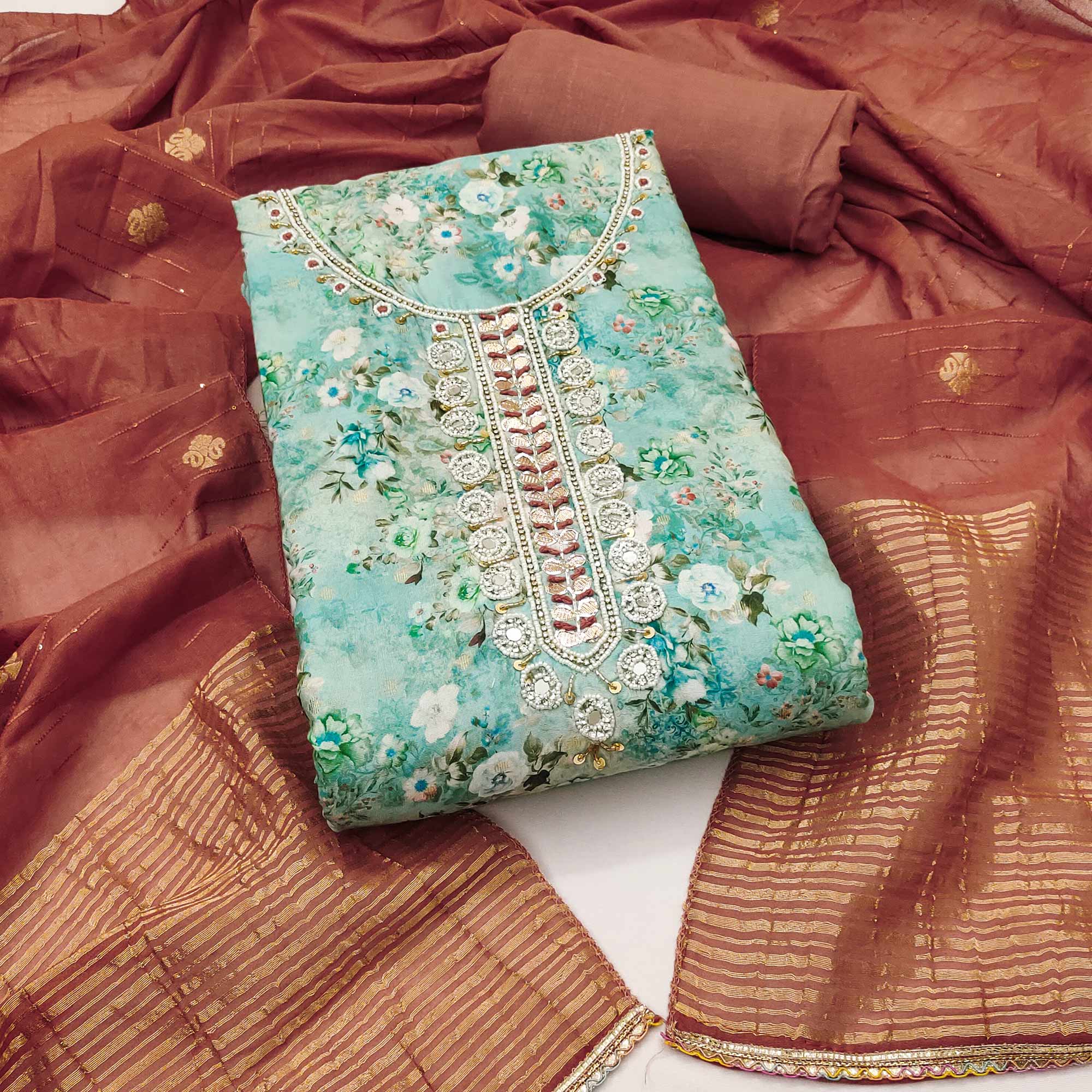 Turquoise Floral Digital Printed Cotton Blend Dress Material Embellished With Moti Hand Embroidery