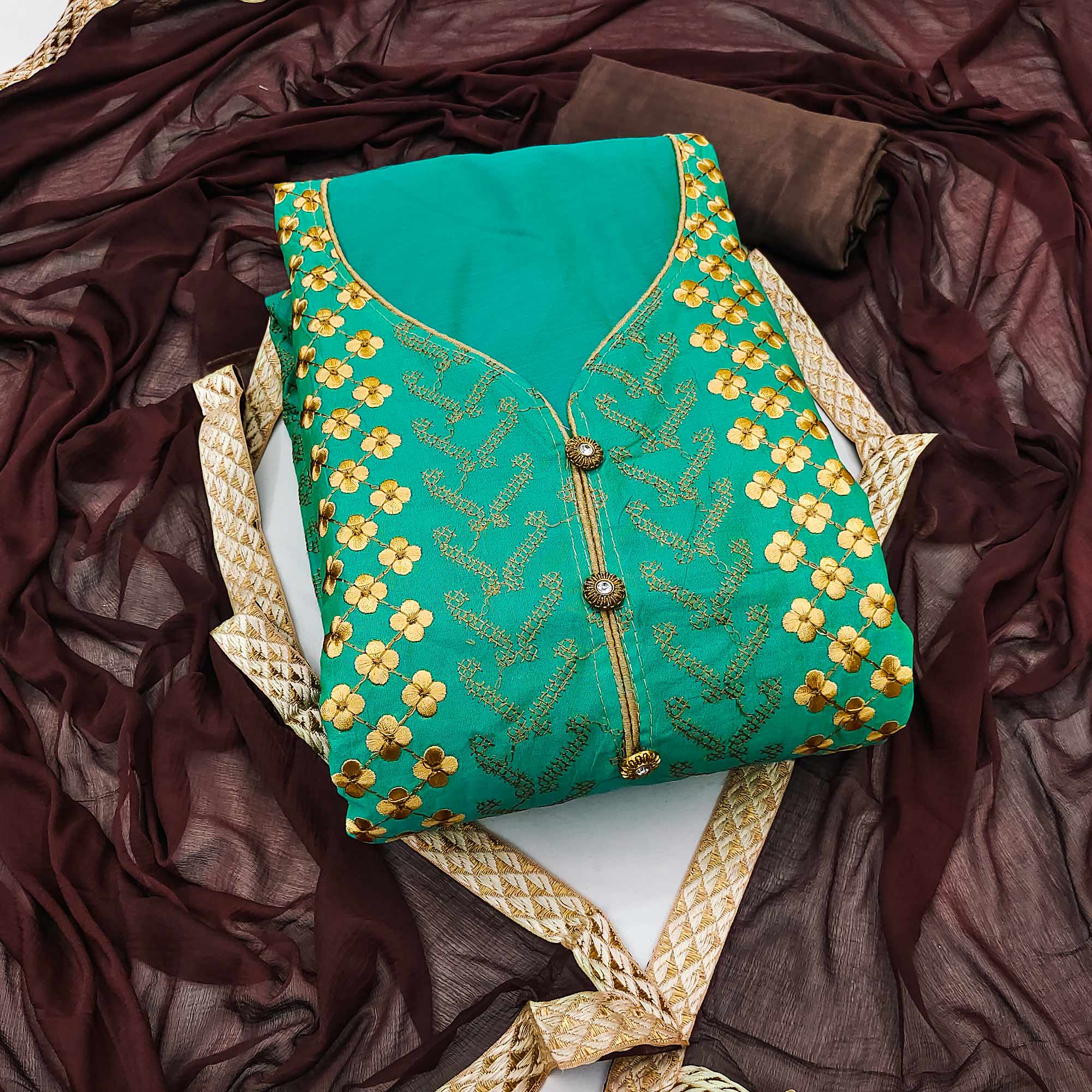 Turquoise Ensemble In Chanderi Silk Dress Material Adorned With Graceful Floral Thread Embroidery