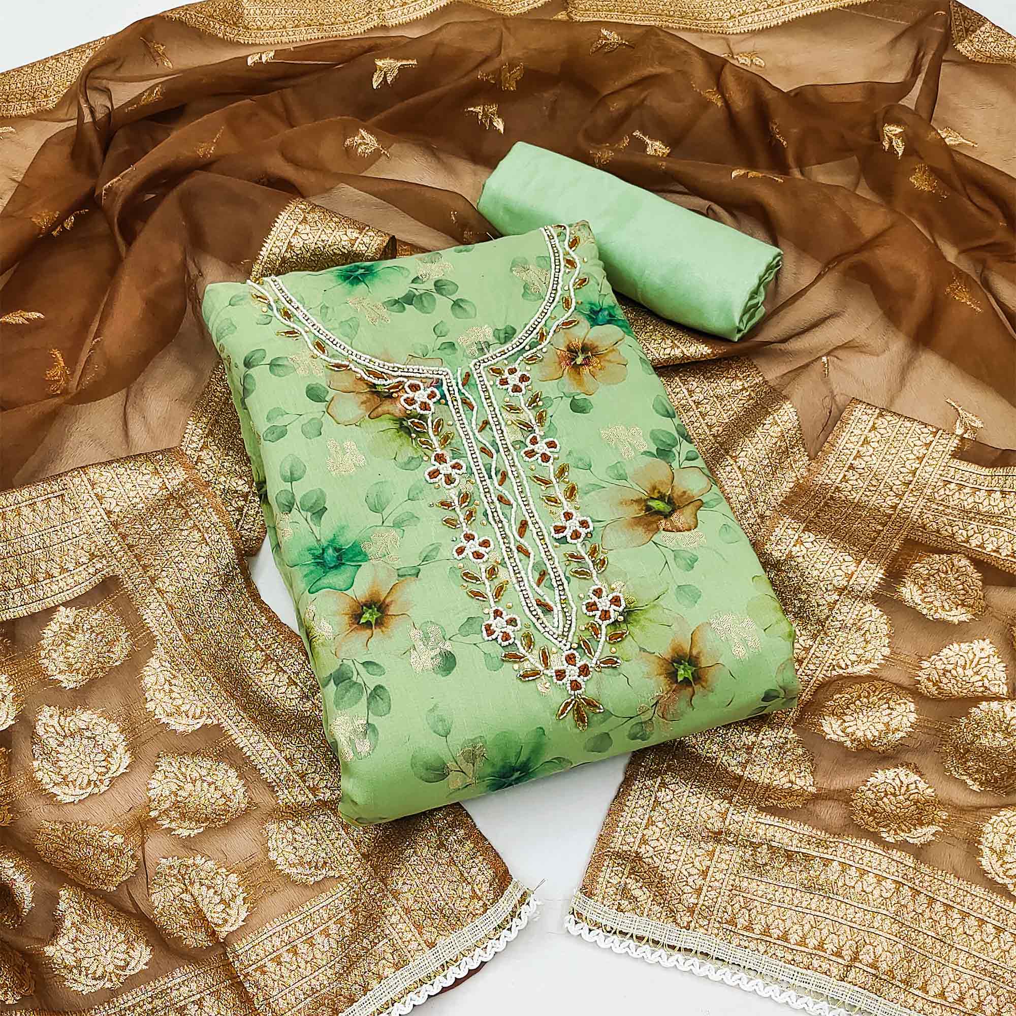 Green Floral Digital Printed Banarasi Chanderi Silk Dress Material Enhanced With Hand Work