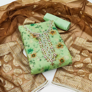 Green Floral Digital Printed Banarasi Chanderi Silk Dress Material Enhanced With Hand Work