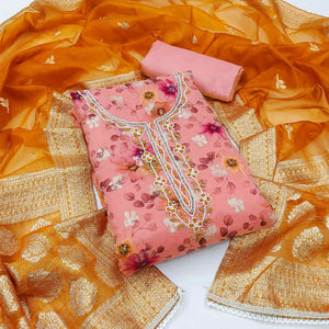 Pink Floral Digital Printed Banarasi Chanderi Silk Dress Material Enhanced With Hand Work