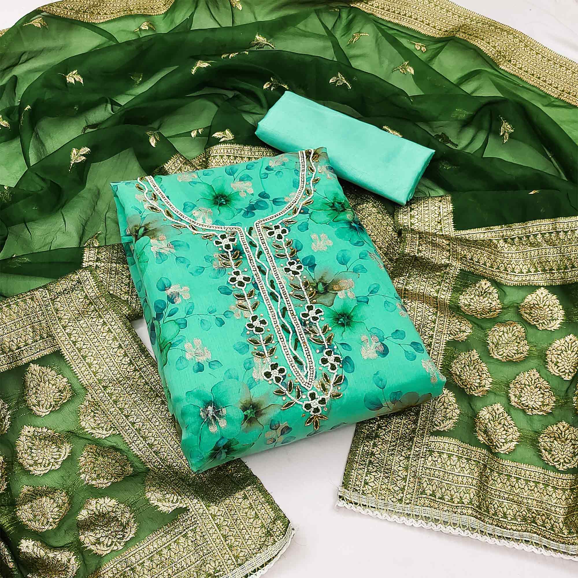 Turquoise Floral Digital Printed Banarasi Chanderi Silk Dress Material Enhanced With Hand Work