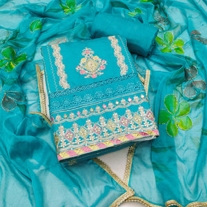 Blue Cotton Silk Dress Material Enhanced With Exquisite Floral Cording Embroidery & Sequins Work
