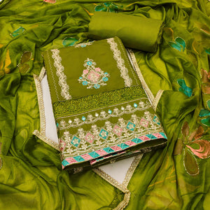 Green Cotton Silk Dress Material Enhanced With Exquisite Floral Cording Embroidery & Sequins Work