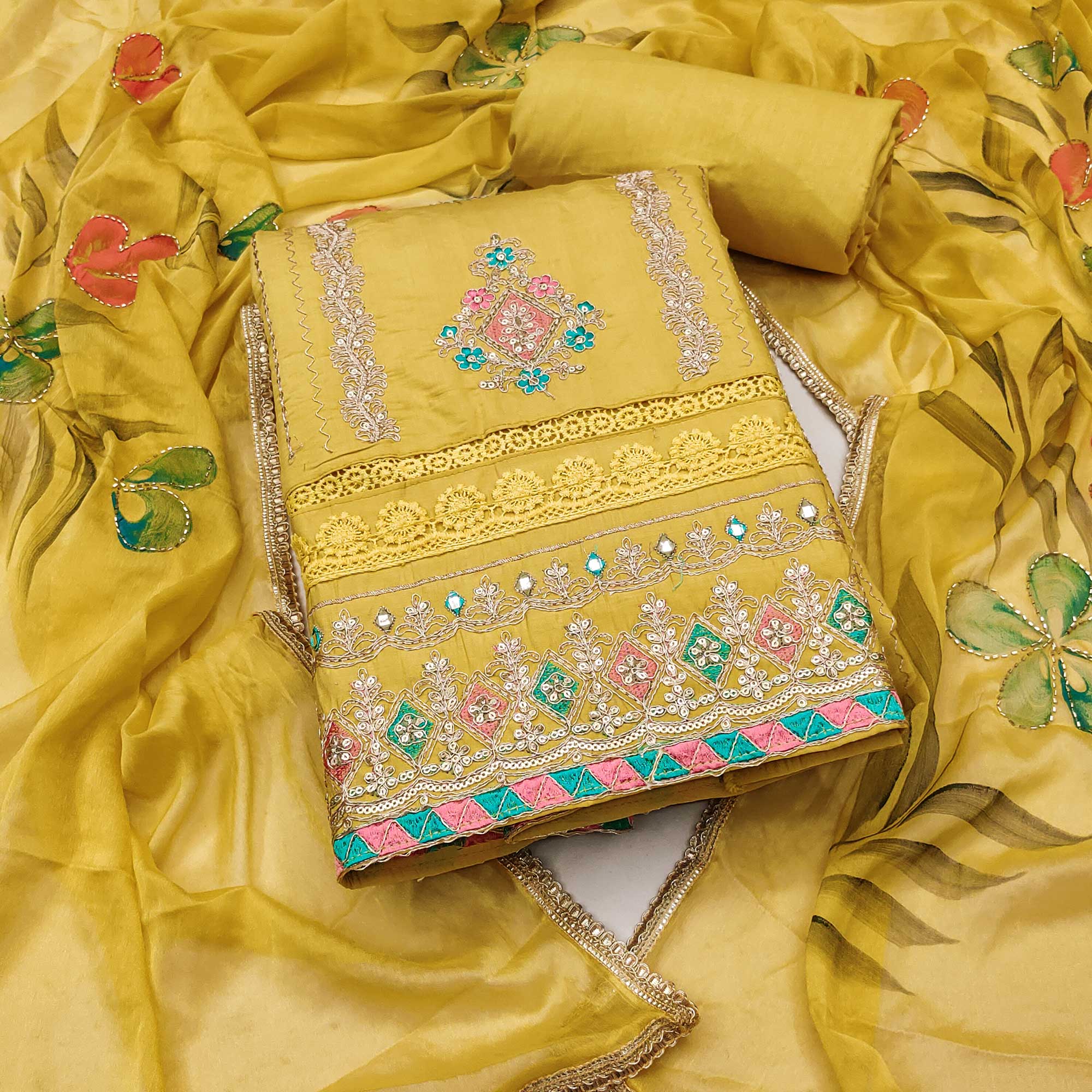 Mustard Cotton Silk Dress Material Enhanced With Exquisite Floral Cording Embroidery & Sequins Work