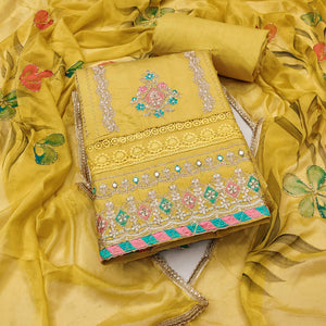 Mustard Cotton Silk Dress Material Enhanced With Exquisite Floral Cording Embroidery & Sequins Work