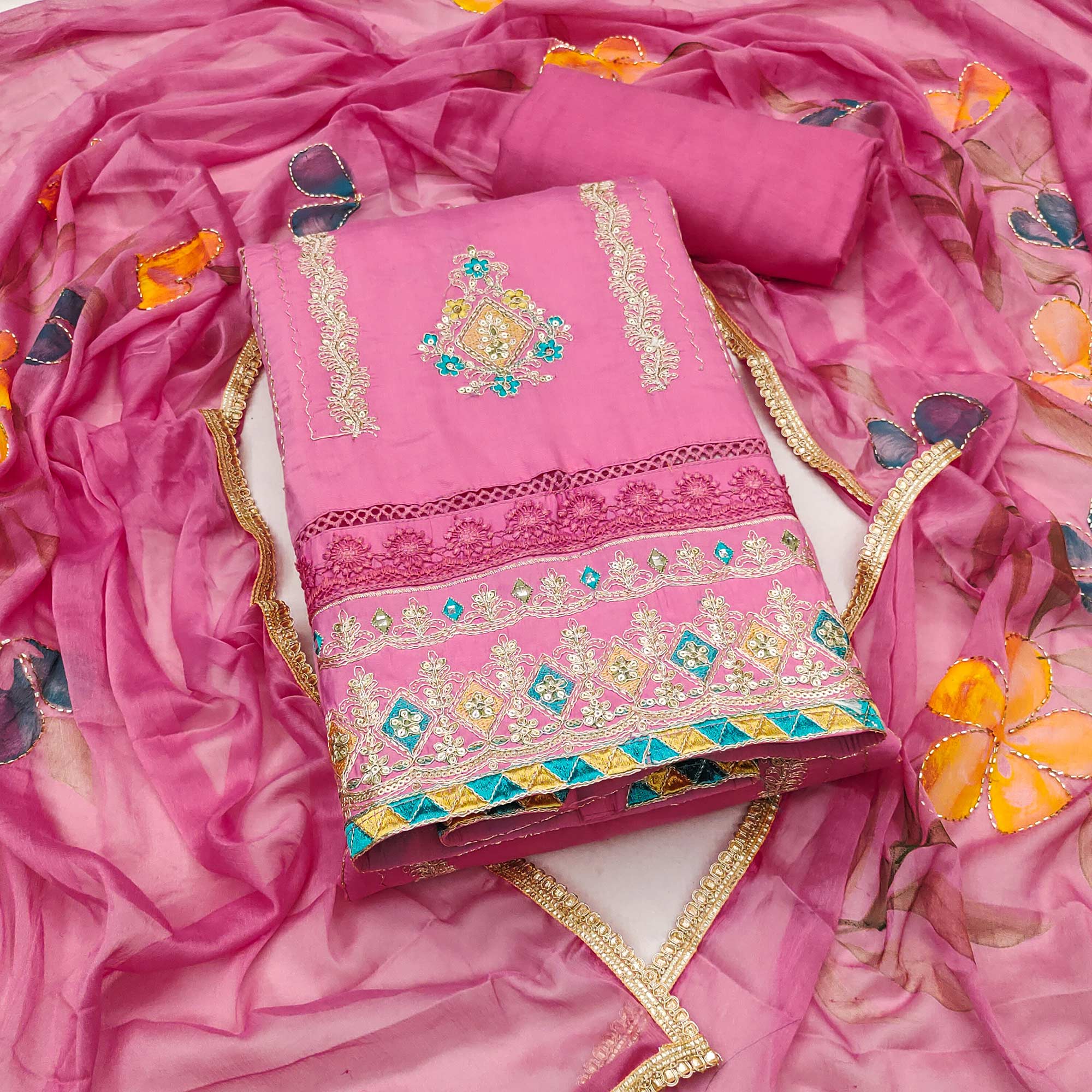 Pink Cotton Silk Dress Material Enhanced With Exquisite Floral Cording Embroidery & Sequins Work