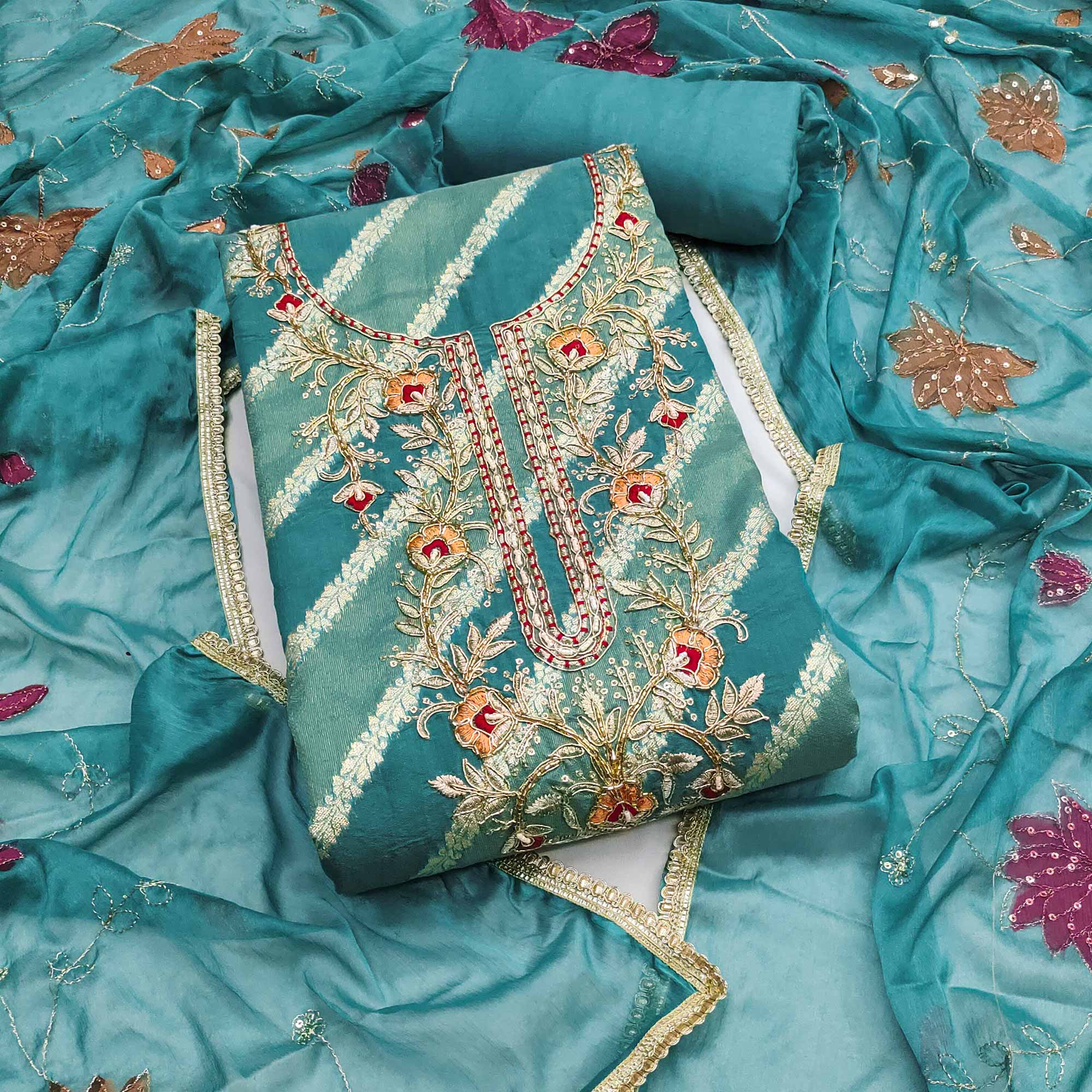 Blue Floral Zari Weaving & Sequins With Handwork Embellished Shimmer Dress Material