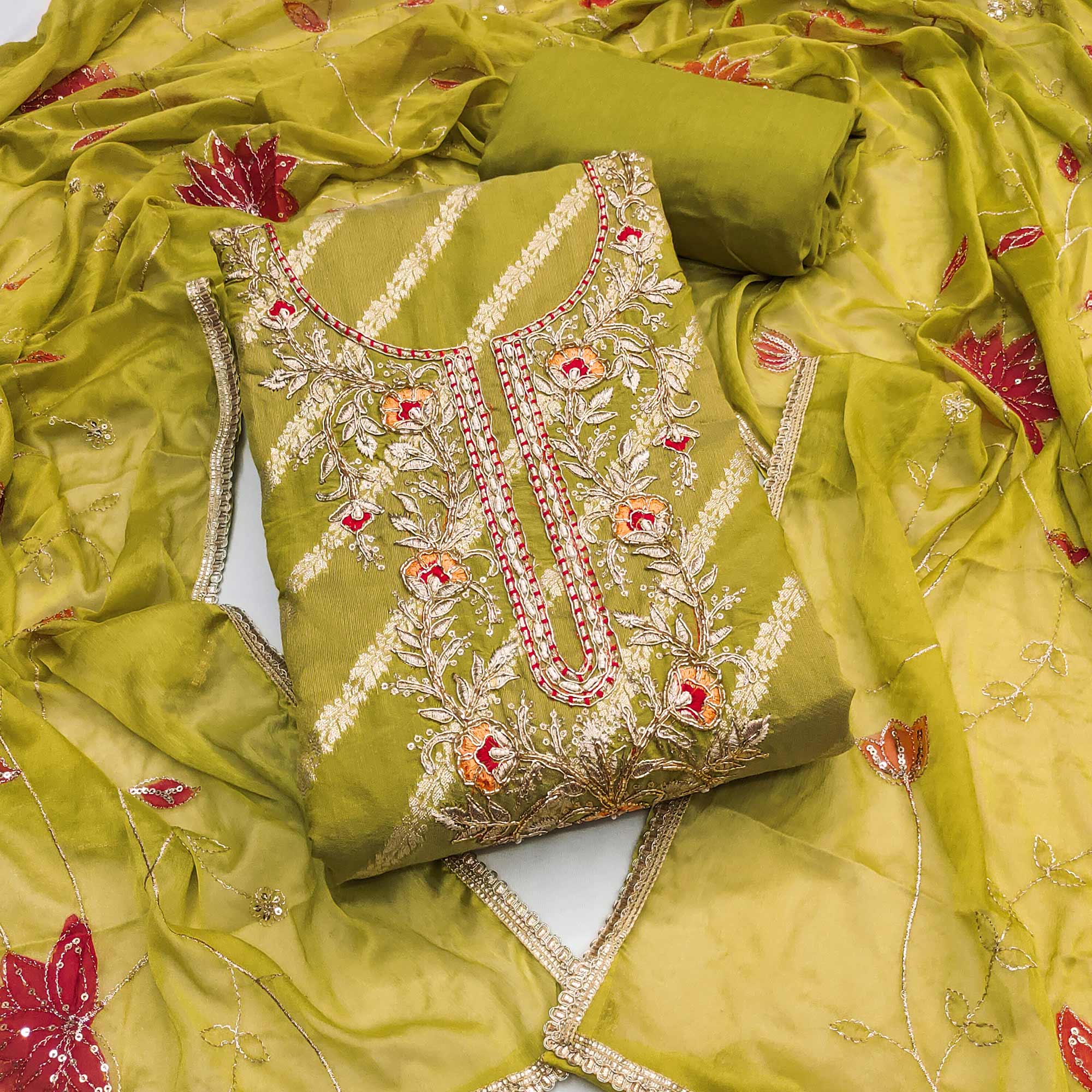 Green Floral Zari Weaving & Sequins With Handwork Embellished Shimmer Dress Material