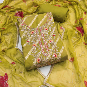 Green Floral Zari Weaving & Sequins With Handwork Embellished Shimmer Dress Material