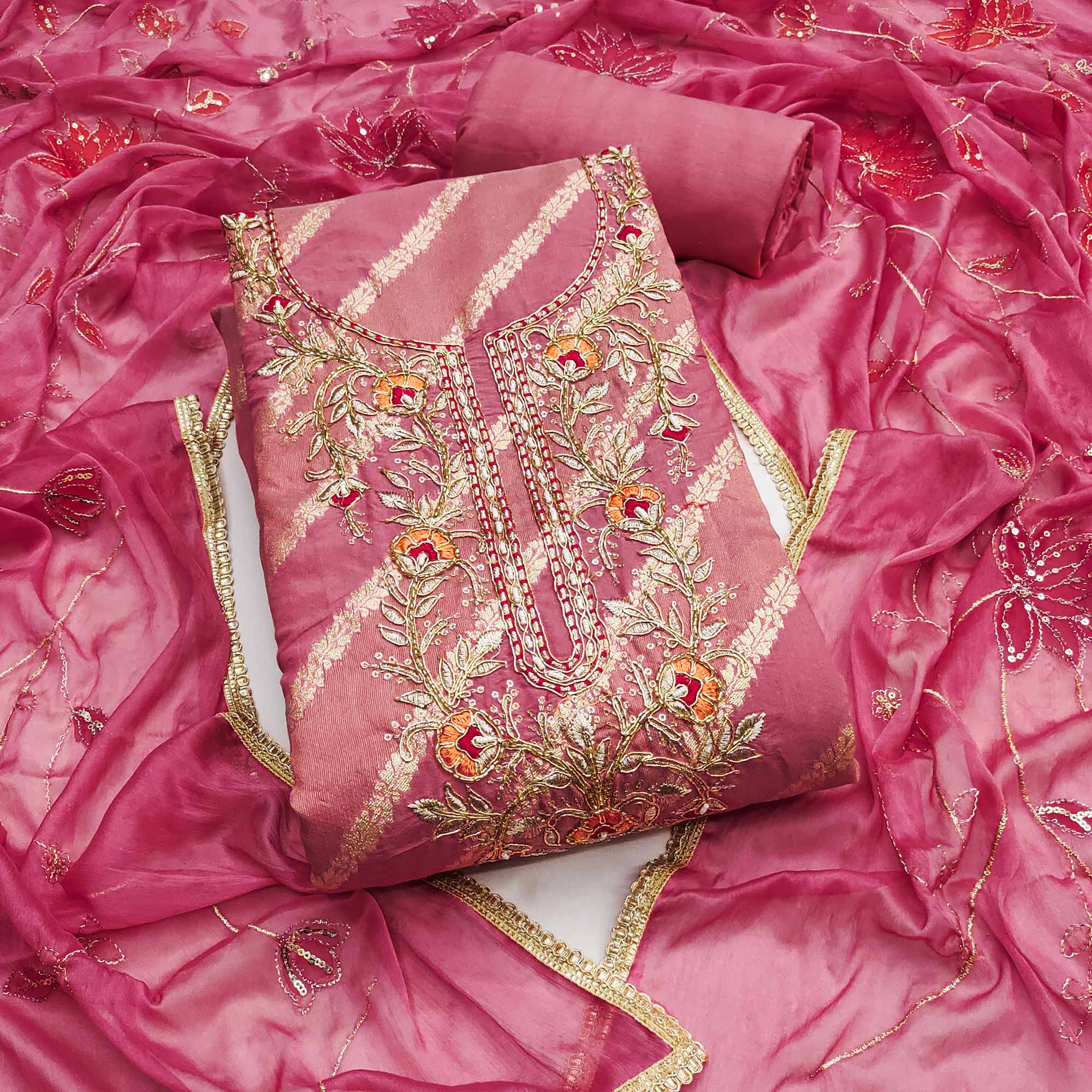 Pink Floral Zari Weaving & Sequins With Handwork Embellished Shimmer Dress Material