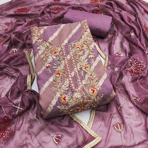 Purple Floral Zari Weaving & Sequins With Handwork Embellished Shimmer Dress Material