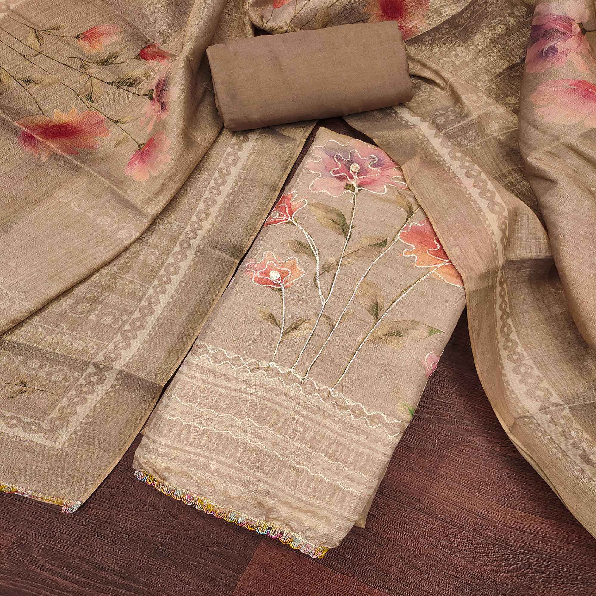Chikoo Floral Digital Printed With Embroidered Cotton Silk Dress Material For Traditional Look