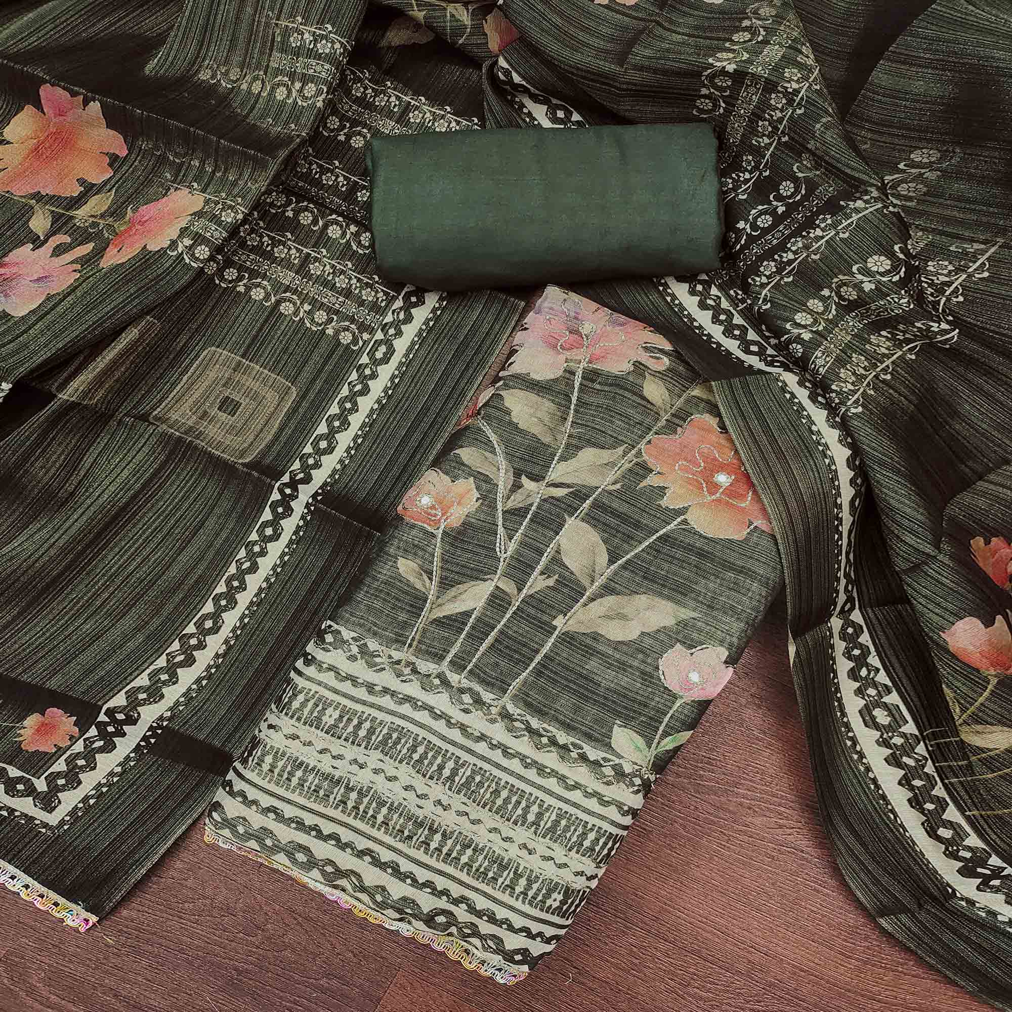 Green Floral Digital Printed With Embroidered Cotton Silk Dress Material For Traditional Look