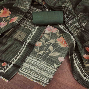 Green Floral Digital Printed With Embroidered Cotton Silk Dress Material For Traditional Look