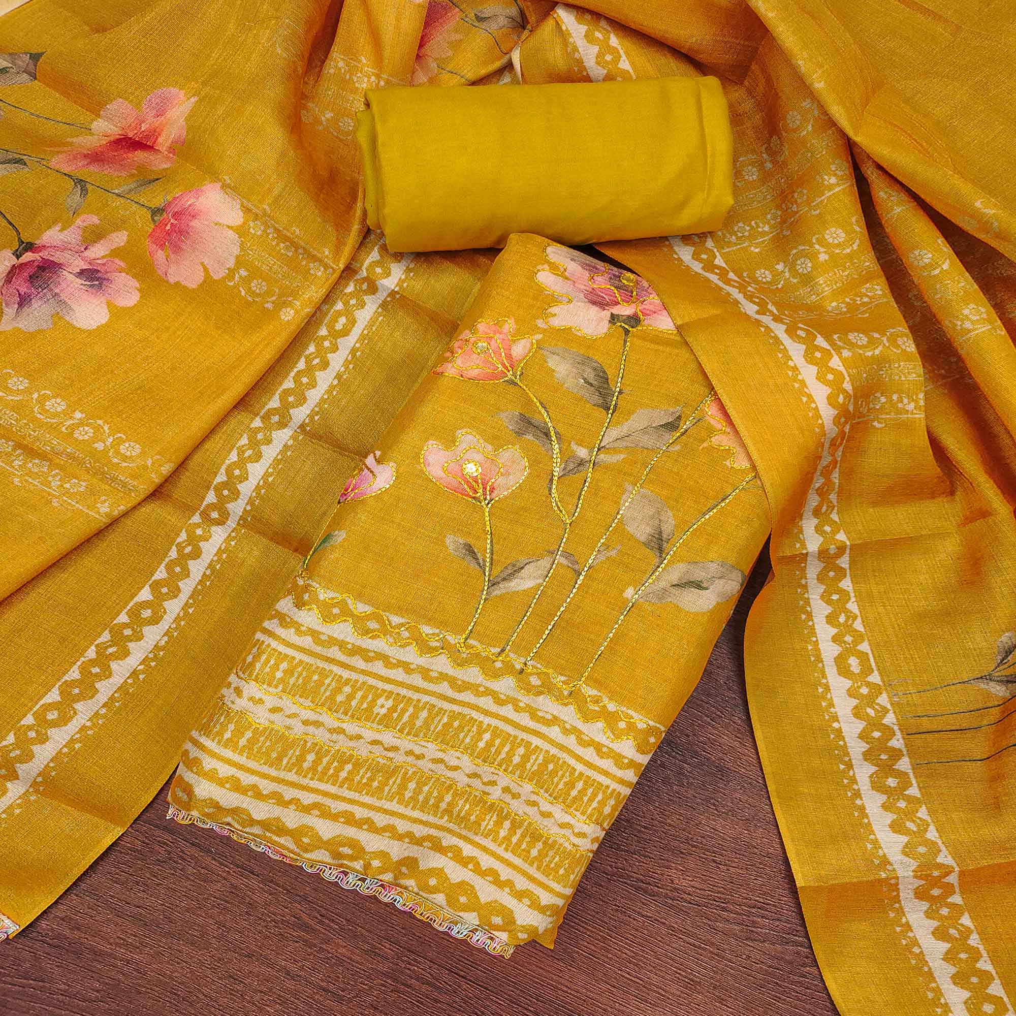 Mustard Floral Digital Printed With Embroidered Cotton Silk Dress Material For Traditional Look