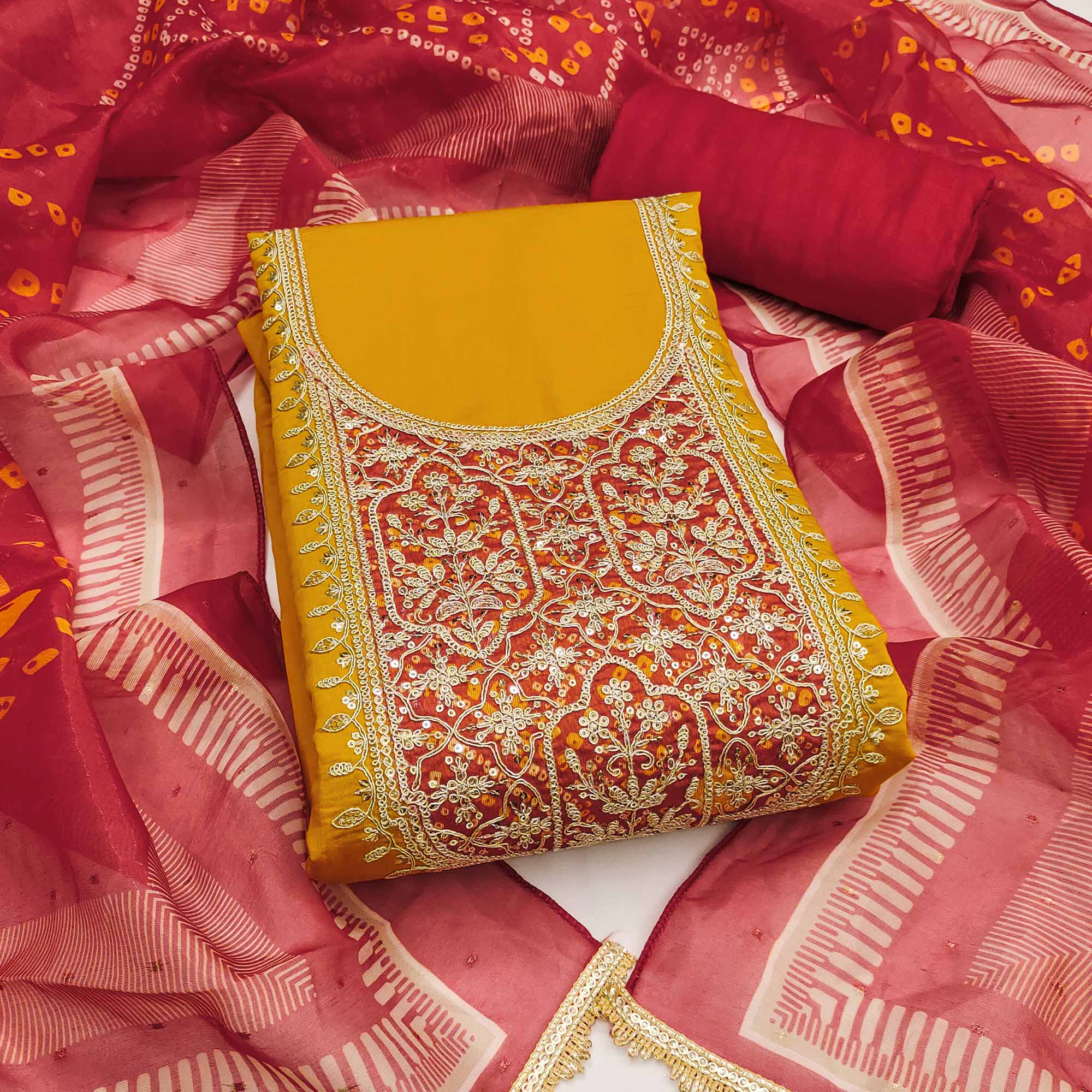 Mustard Unstitched Dress Material in Cotton Blend with Elegant Sequins & Floral Embroidery