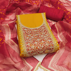 Mustard Unstitched Dress Material in Cotton Blend with Elegant Sequins & Floral Embroidery