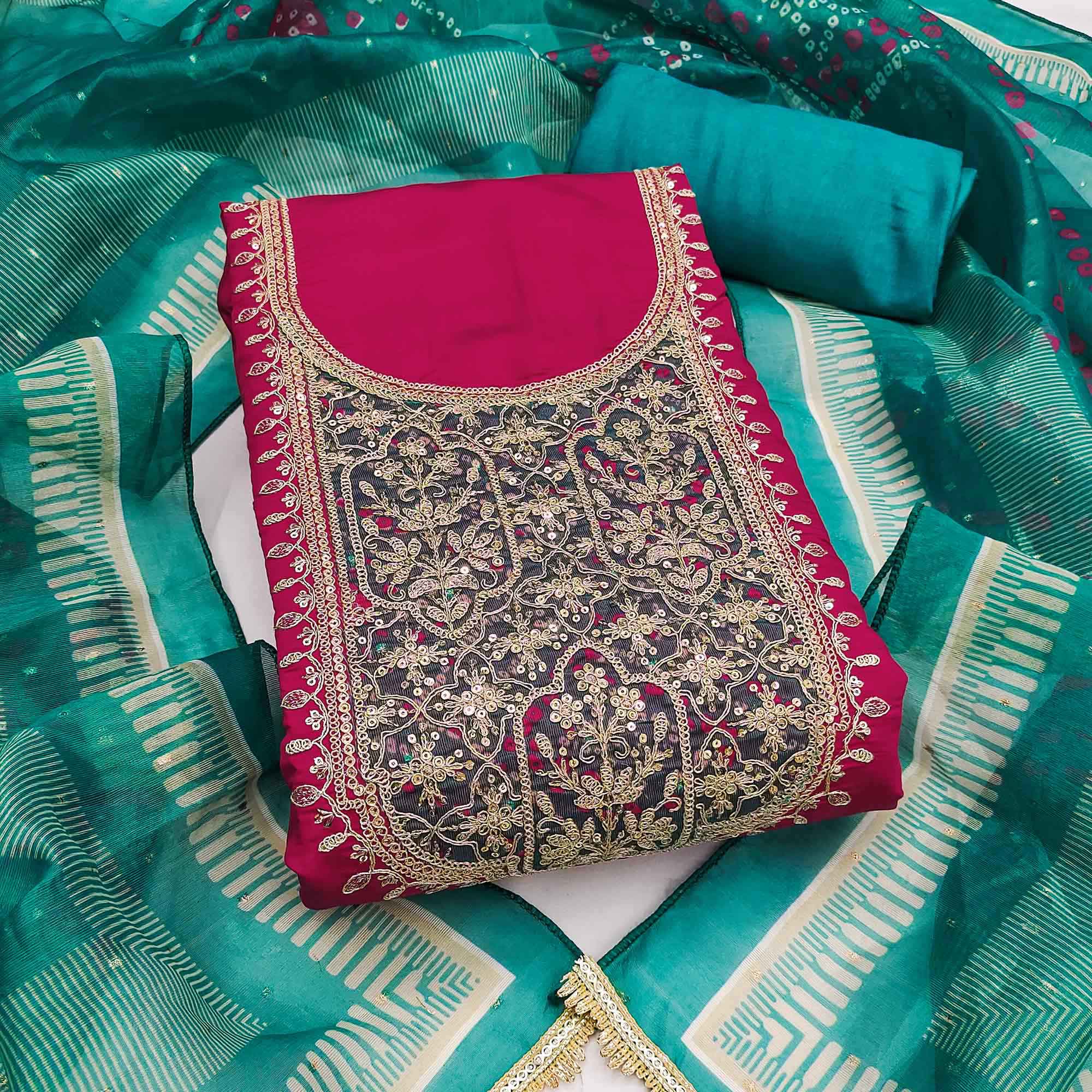 Pink Unstitched Dress Material in Cotton Blend with Elegant Sequins & Floral Embroidery