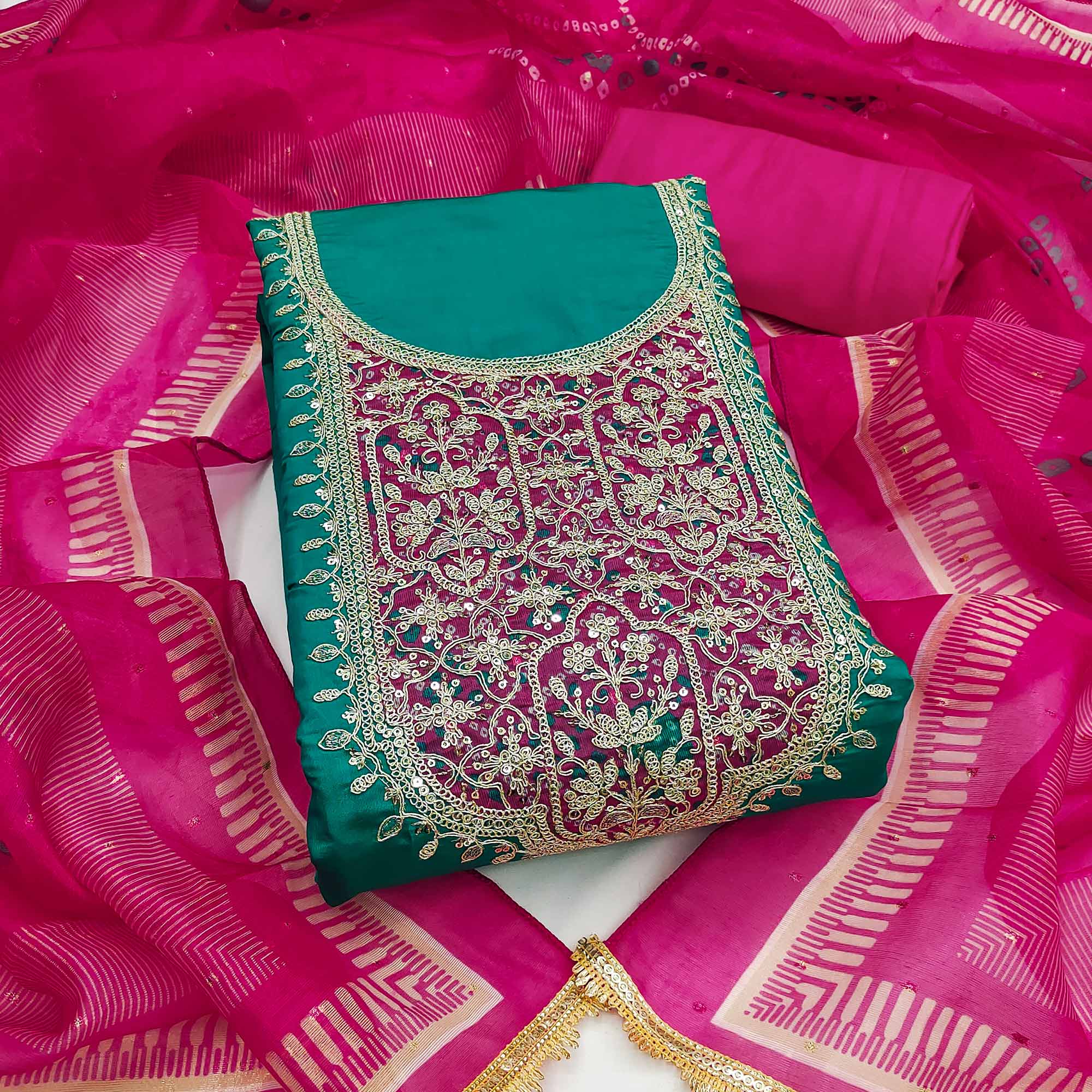 Rama Green Unstitched Dress Material in Cotton Blend with Elegant Sequins & Floral Embroidery