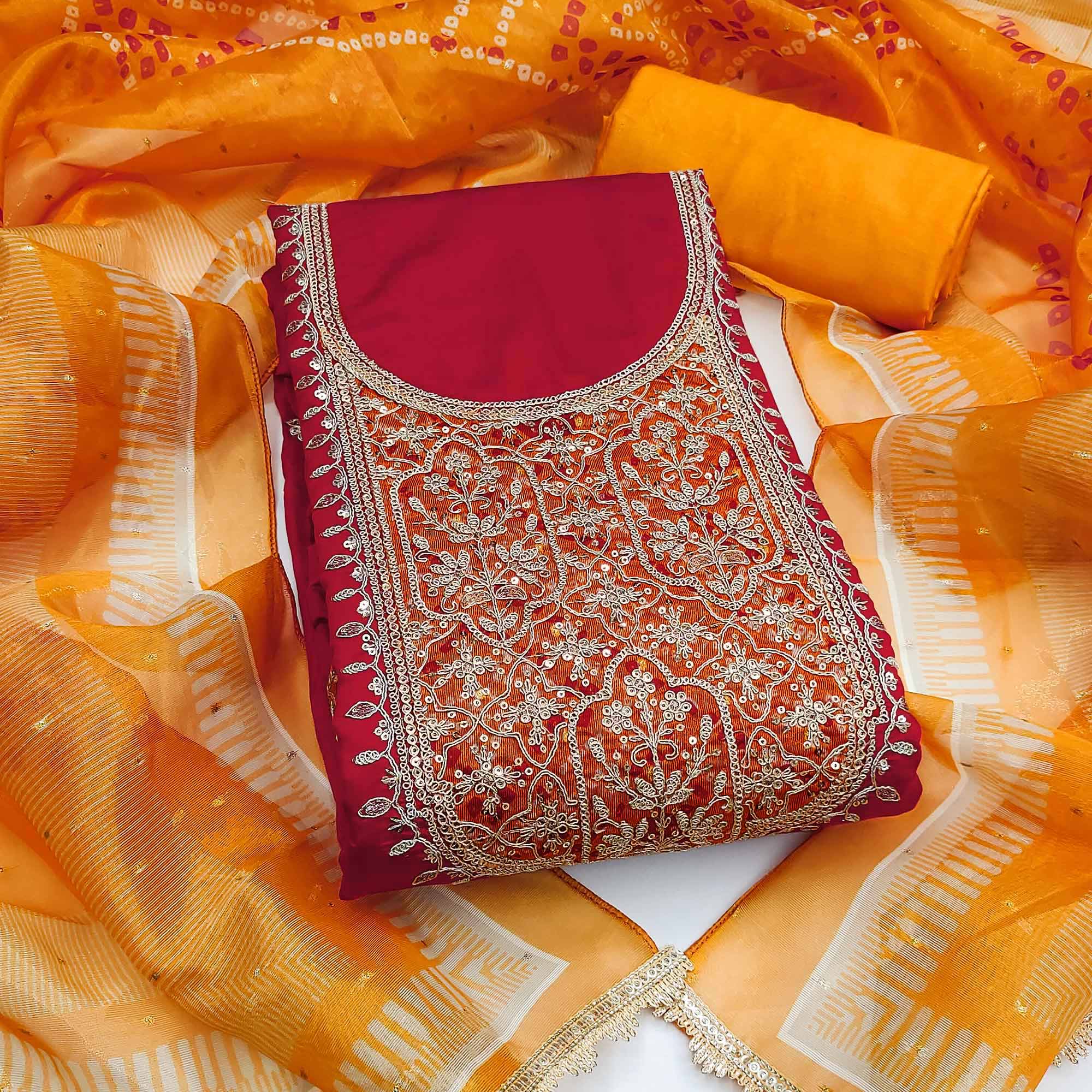 Red Unstitched Dress Material in Cotton Blend with Elegant Sequins & Floral Embroidery