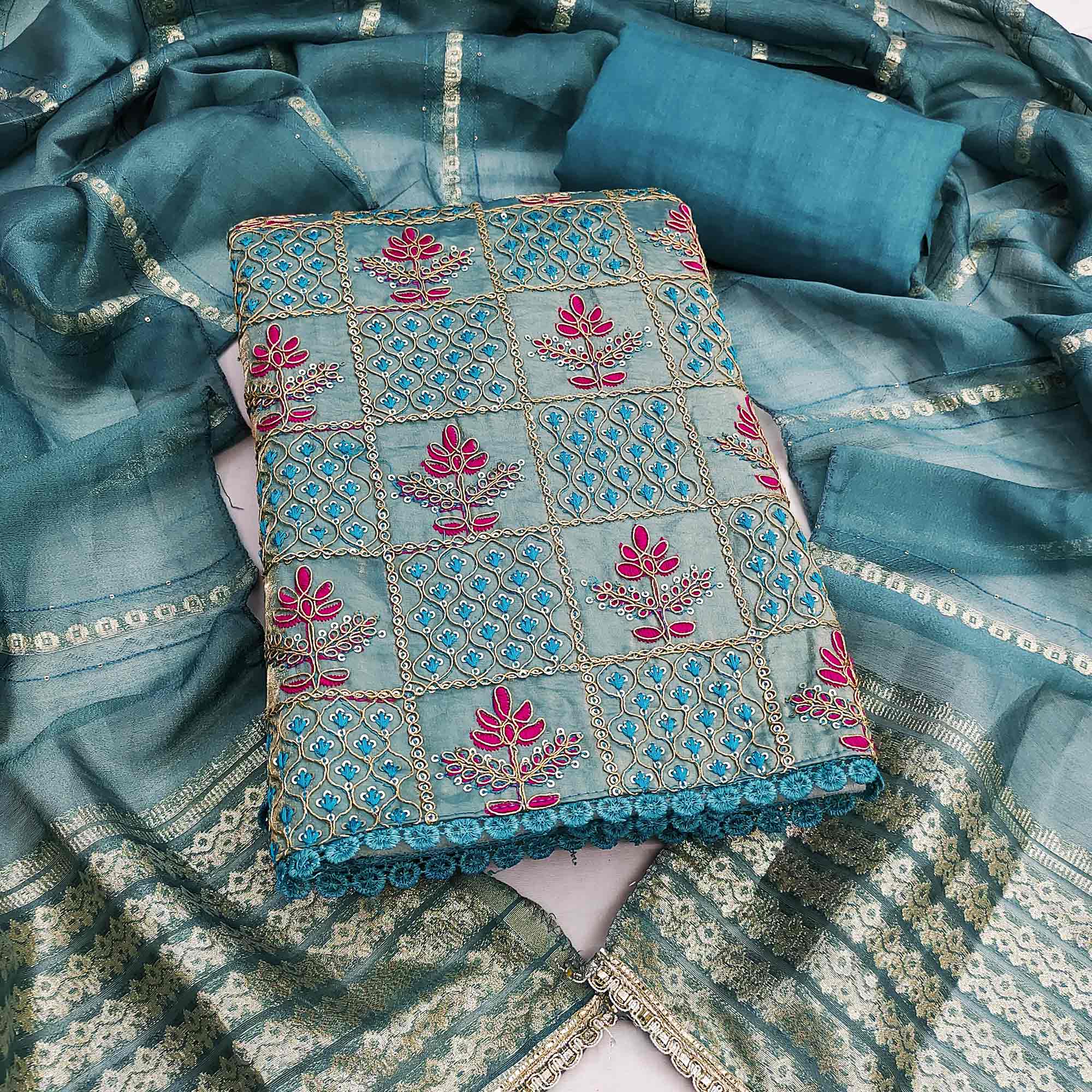 Blue Floral Thread Embroidered Viscose Dress Material With Sequins For Sophisticated Ethnic Style