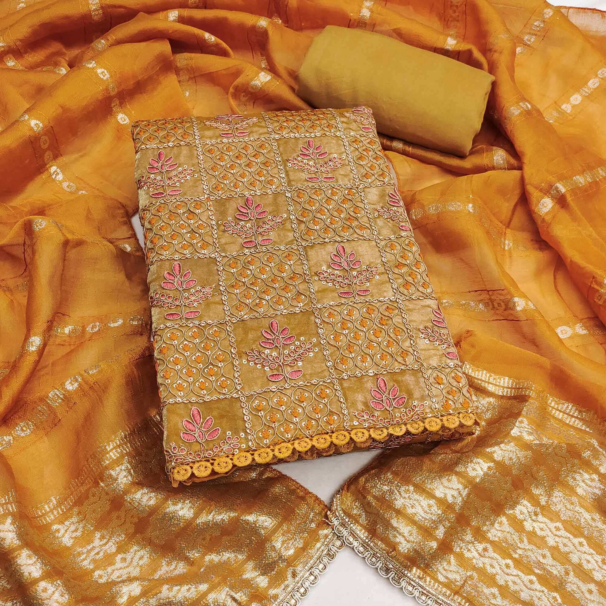 Mustard Floral Thread Embroidered Viscose Dress Material With Sequins For Sophisticated Style