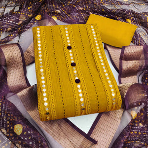Mustard Cotton Silk Dress Material Enhanced With Intricate Thread Embroidery & Gota Patti Work