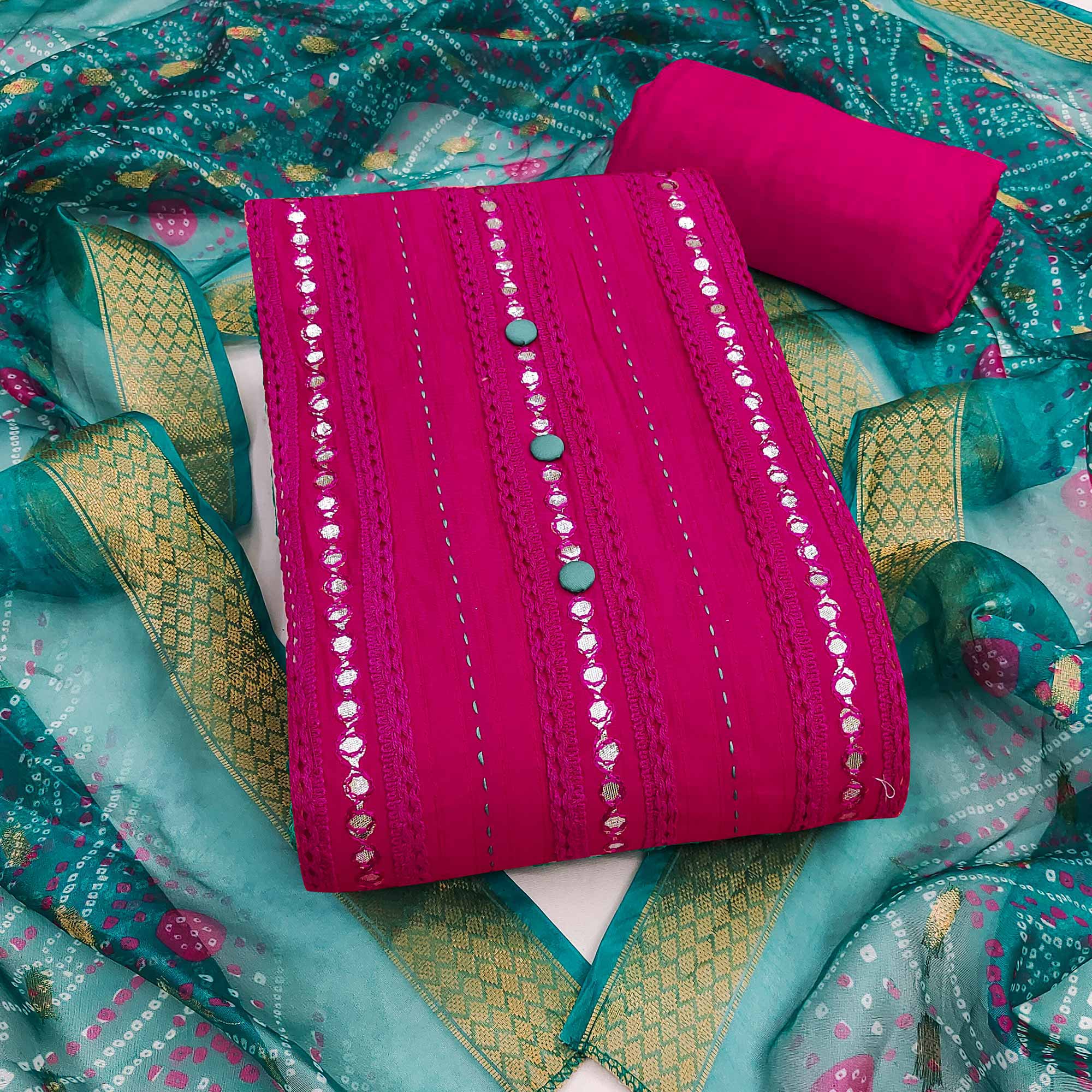 Pink Cotton Silk Dress Material Enhanced With Intricate Thread Embroidery & Gota Patti Work