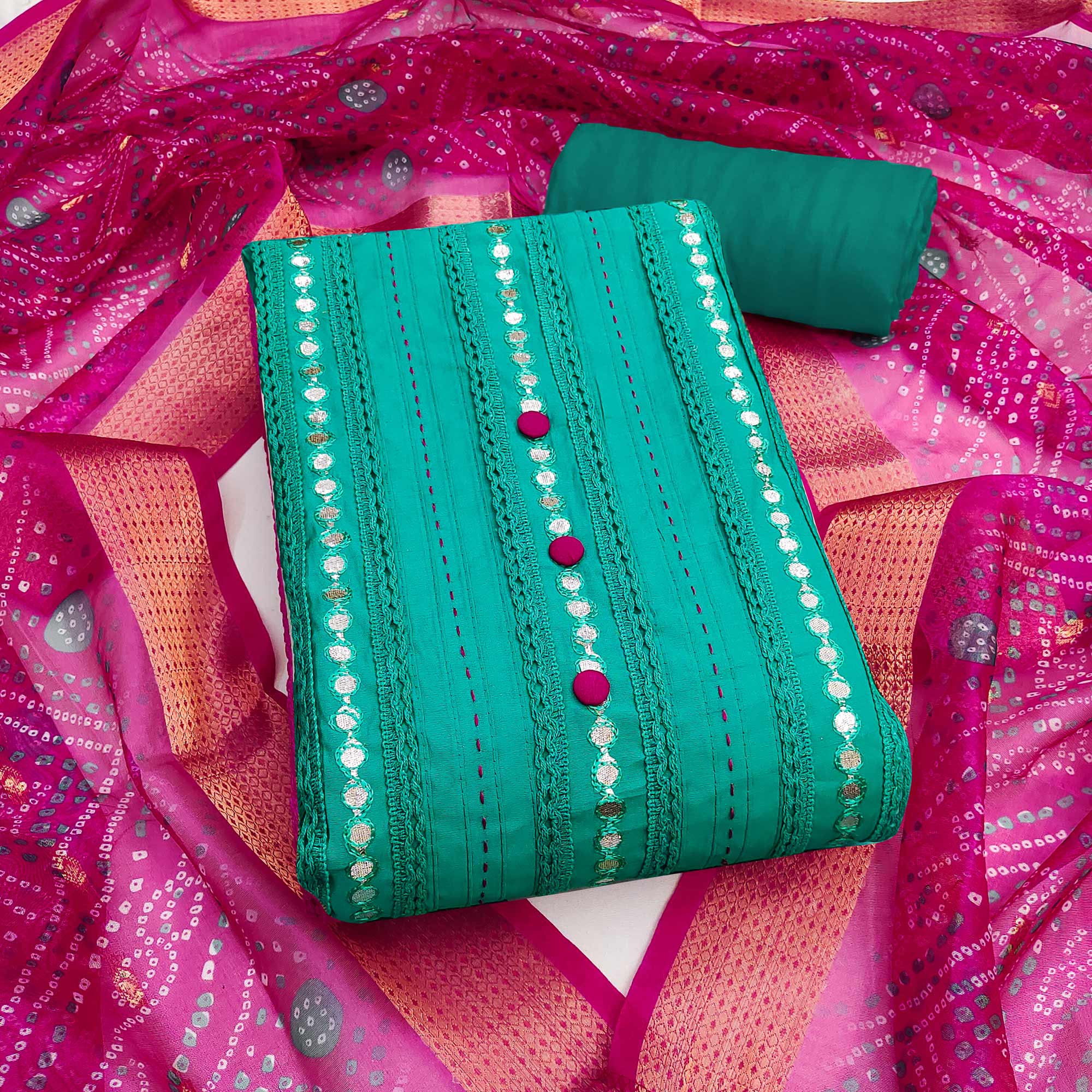 Turquoise Cotton Silk Dress Material Enhanced With Intricate Thread Embroidery & Gota Patti Work