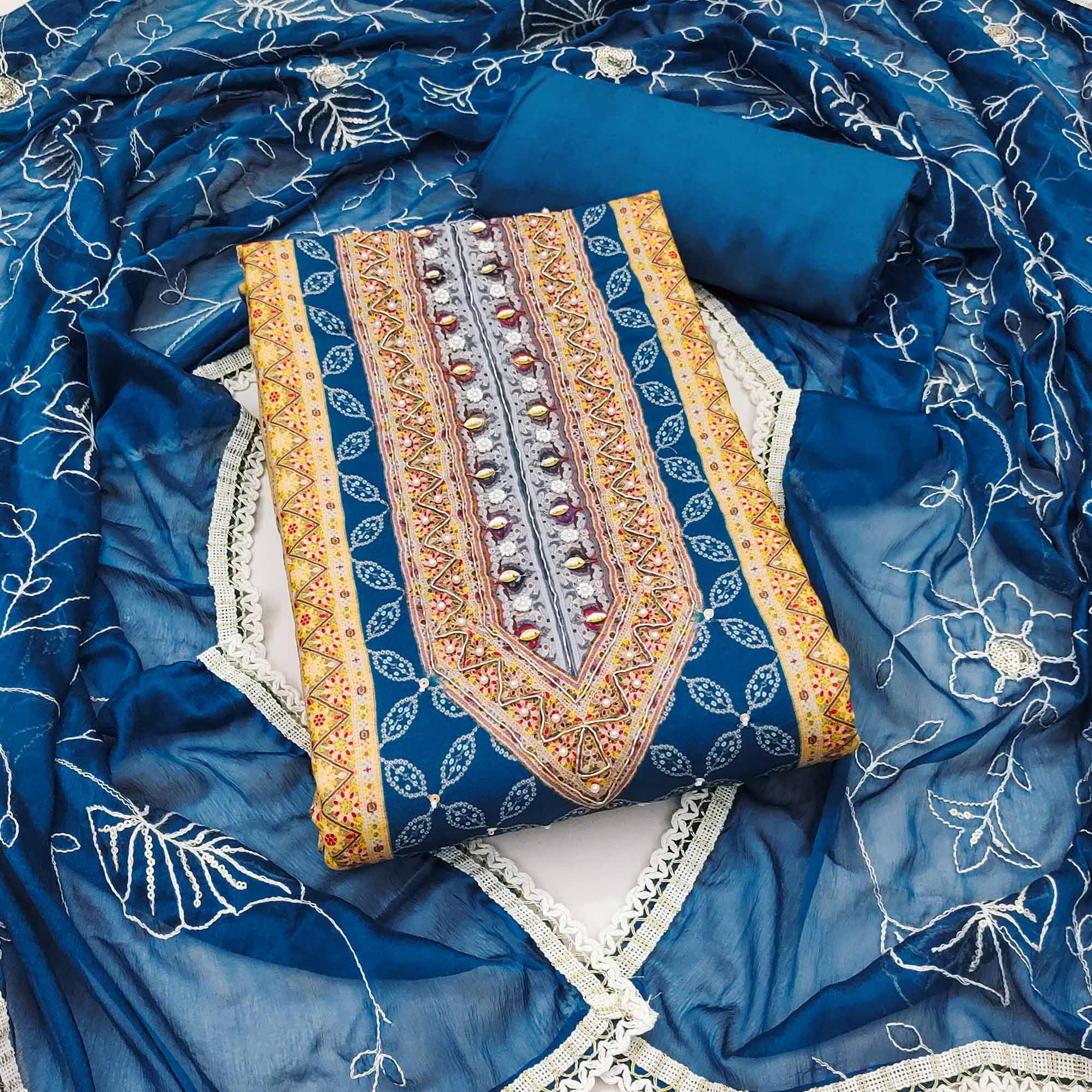 Blue & Orange Pure Cotton Dress Material With Digital Prints & Elegant