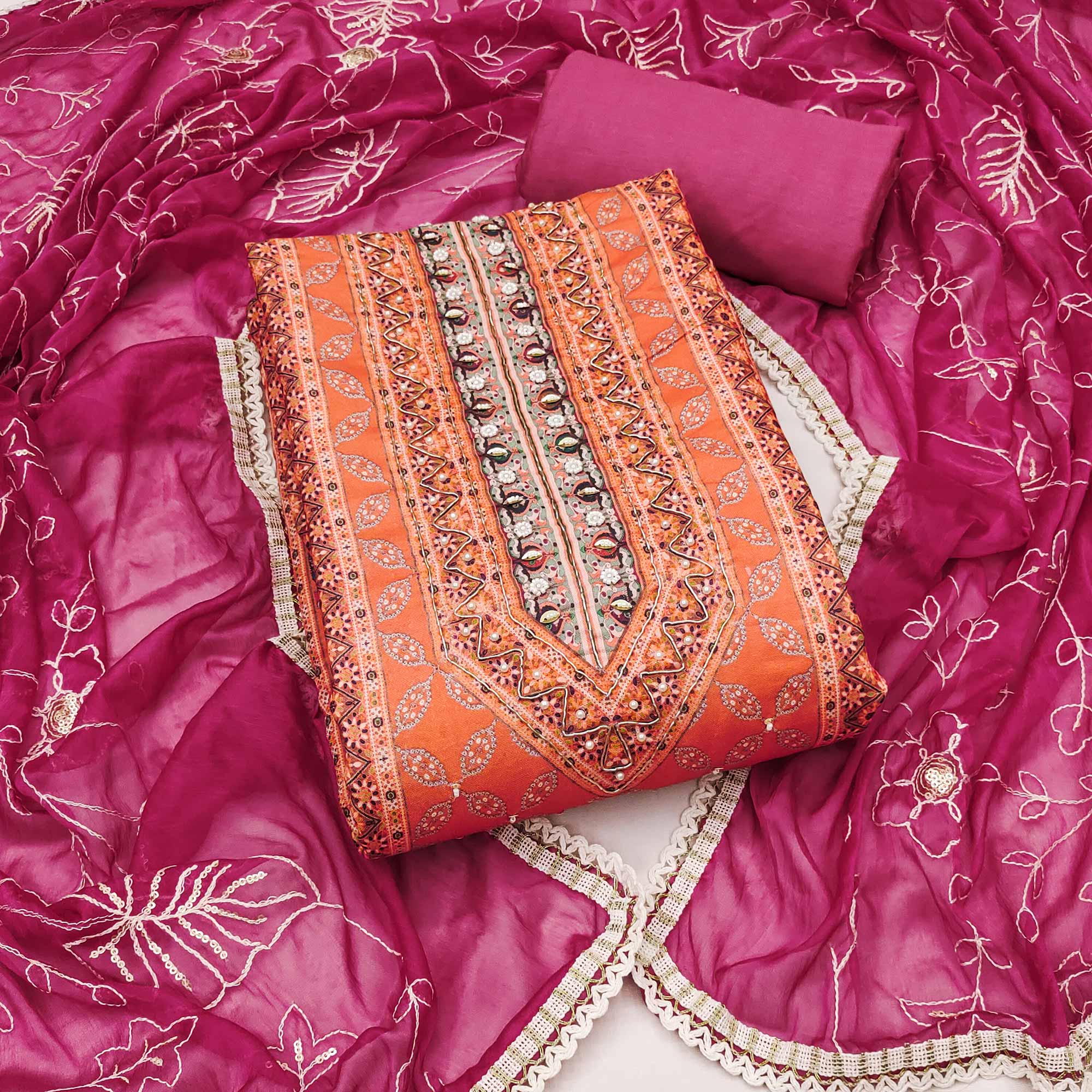Magenta & Orange Pure Cotton Dress Material With Digital Prints & Elegant Moti Handwork Accents