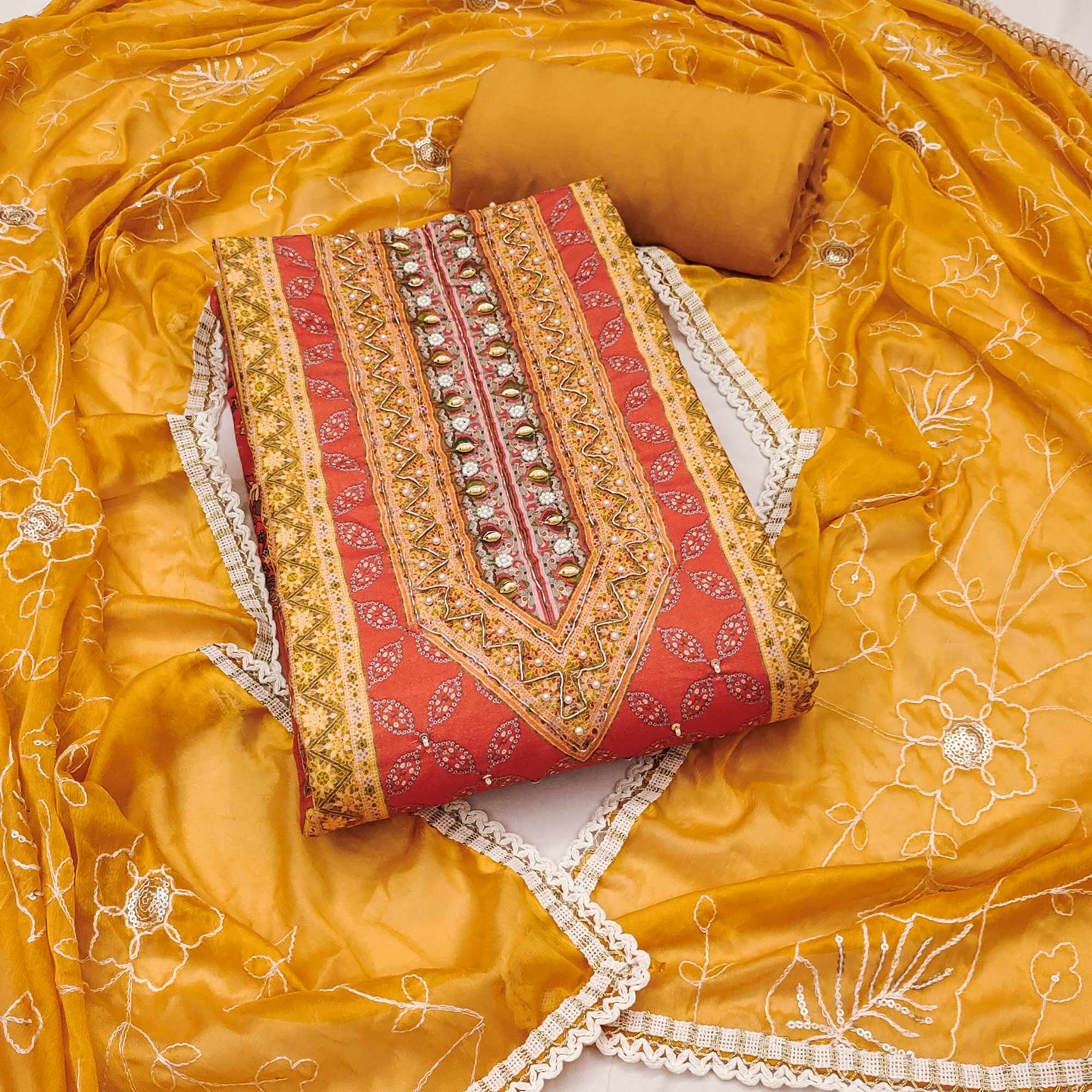 Mustard & Orange Pure Cotton Dress Material With Digital Prints & Elegant Moti Handwork Accents