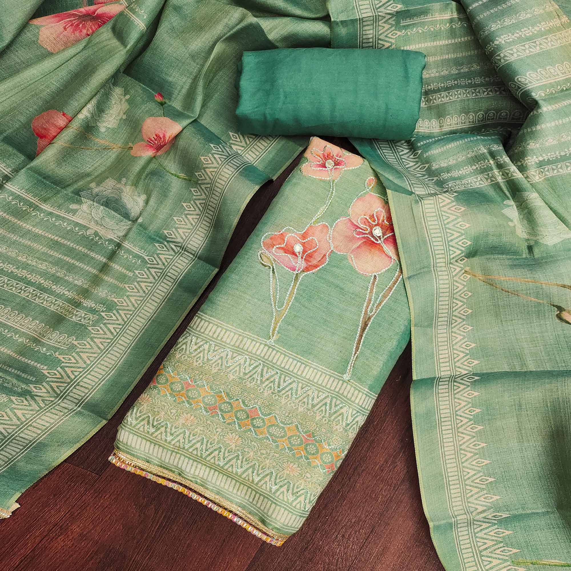 Green Cotton Silk Dress Material Enhanced With Blooming Floral Digital Prints & Elegant Embroidery
