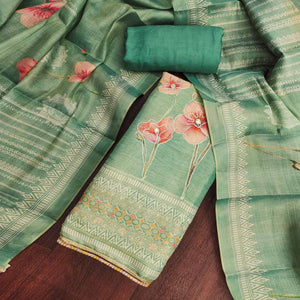 Green Cotton Silk Dress Material Enhanced With Blooming Floral Digital Prints & Elegant Embroidery