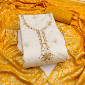 Off White & Mustard Beads Work Cotton Silk Dress Material in Weaving Style