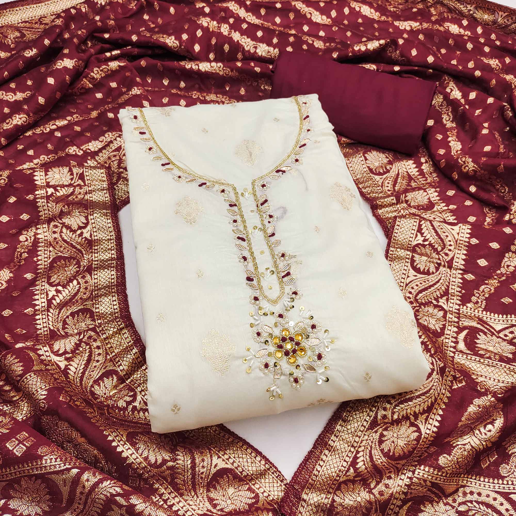 Off White & Maroon Beads Work Cotton Silk Dress Material in Weaving Style