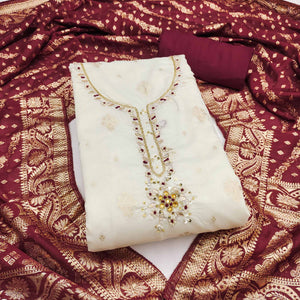 Off White & Maroon Beads Work Cotton Silk Dress Material in Weaving Style