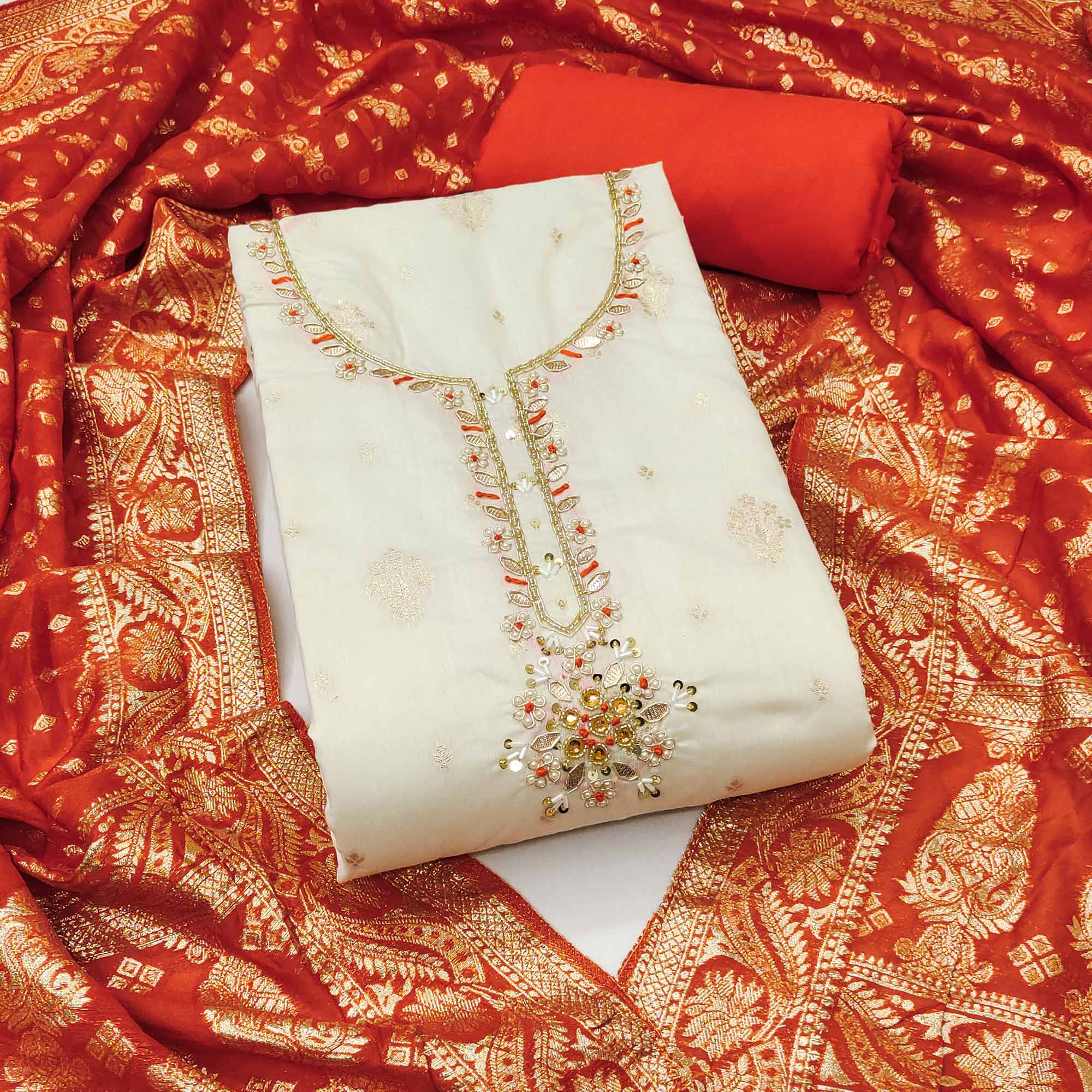 Off White & Orange Beads Work Cotton Silk Dress Material in Weaving Style